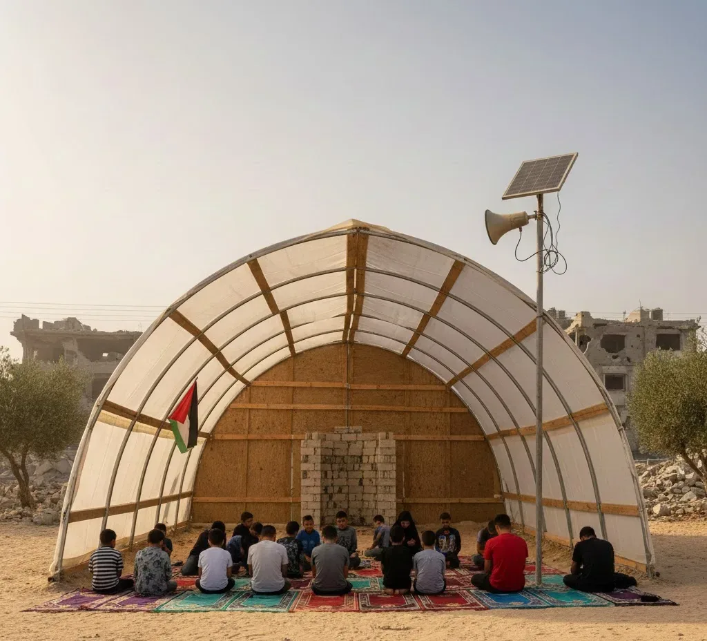 "Building a temporary mosque for displaced families in Khan Younis, Gaza - Gaza 48 Charity Project."